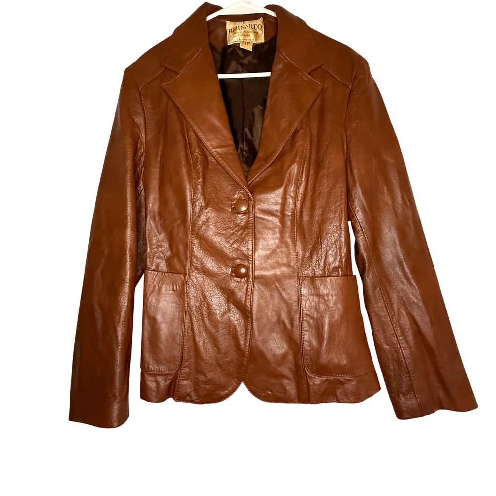 Vintage 1970s Bernardo Leather Blazer Women 13/14 Cognac Brown Made Mexico